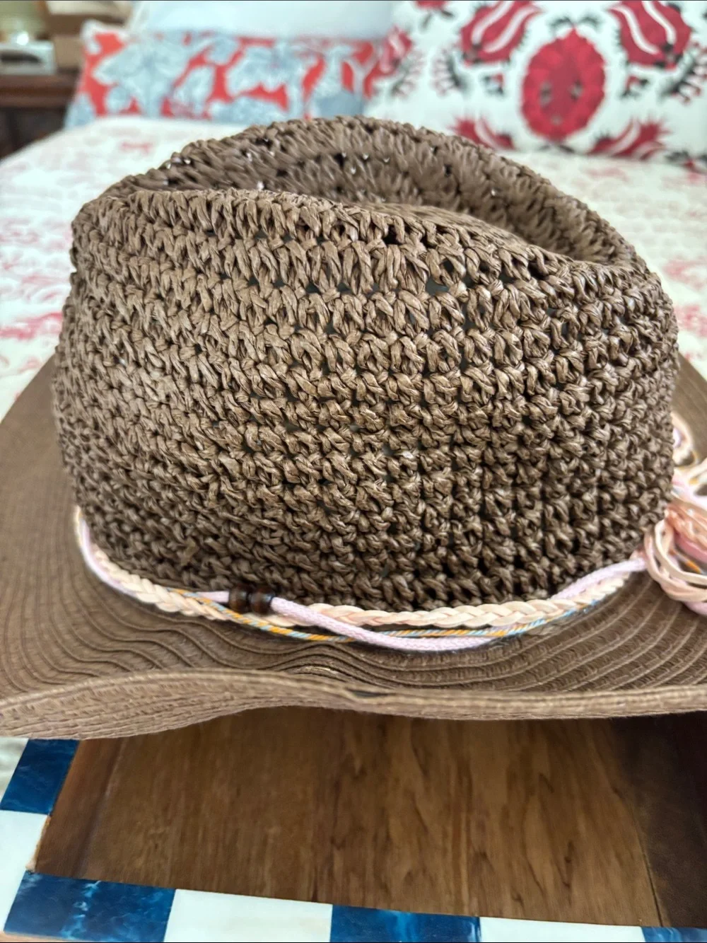 NWT Vince Camuto Brown Braided Straw Bucket Hat with Pink Beaded Accent Band